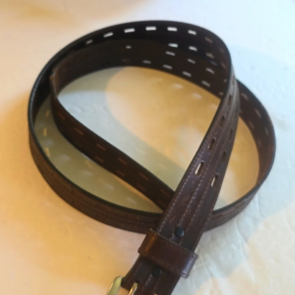 Vintage Brown Premium Leather Double Prong Silver Buckle Belt Sz.2X